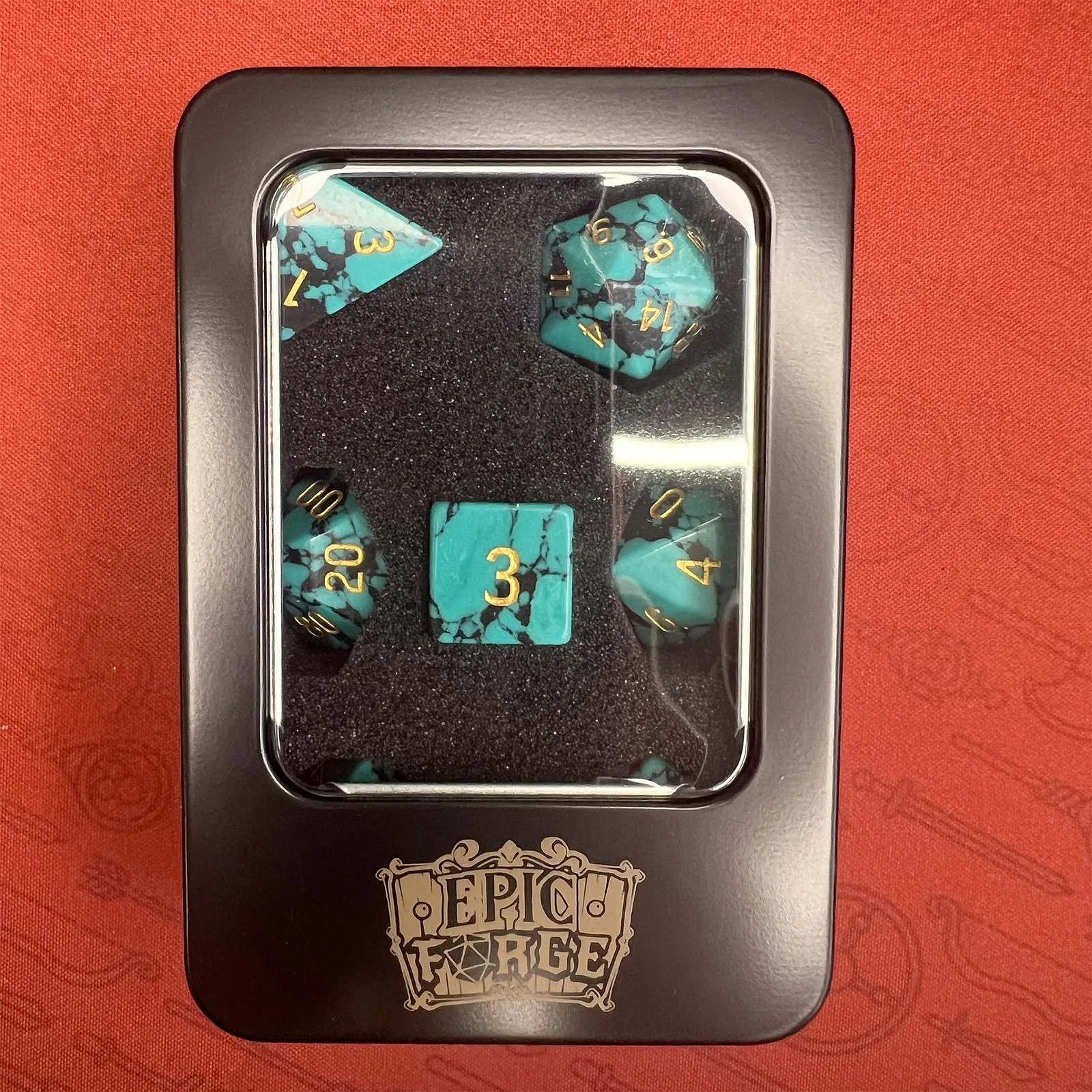 EPIC FORGE Semi Precious Stone Dice - Set of 7 dice with metal box - Synthetic - Black and Turquoise Blue