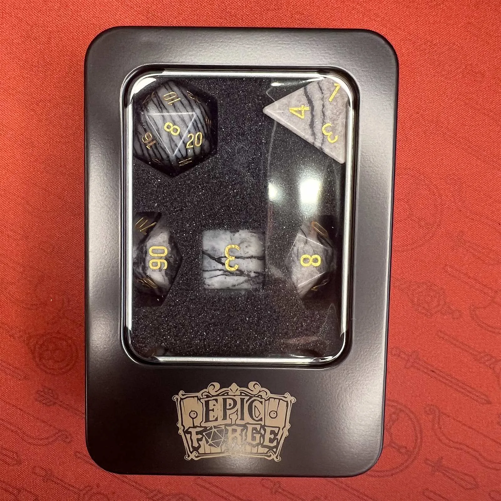 EPIC FORGE Semi Precious Stone Dice - Set of 7 dice with metal box- Natural- Internet Jasper grey