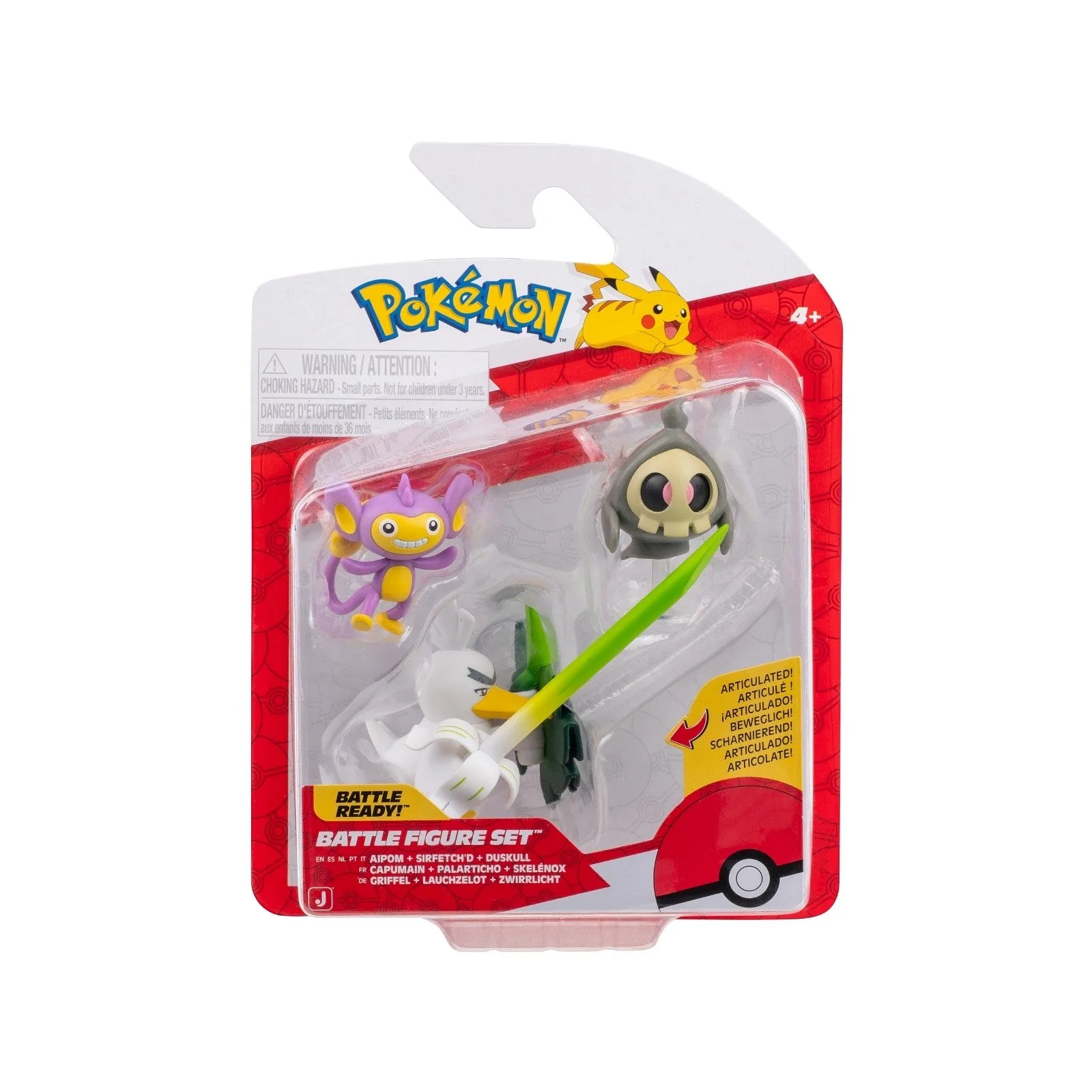 JAZWARES Battle Figure Pack: Pokemon - Duskull with Stand, Aipom, & Sirfetch'd